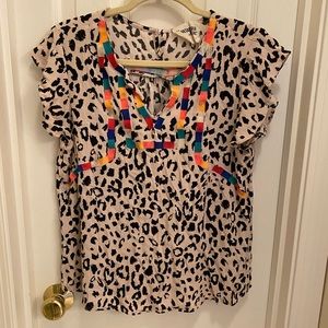 Savanna Jane leopard top with embroidered accents ruffle sleeves
